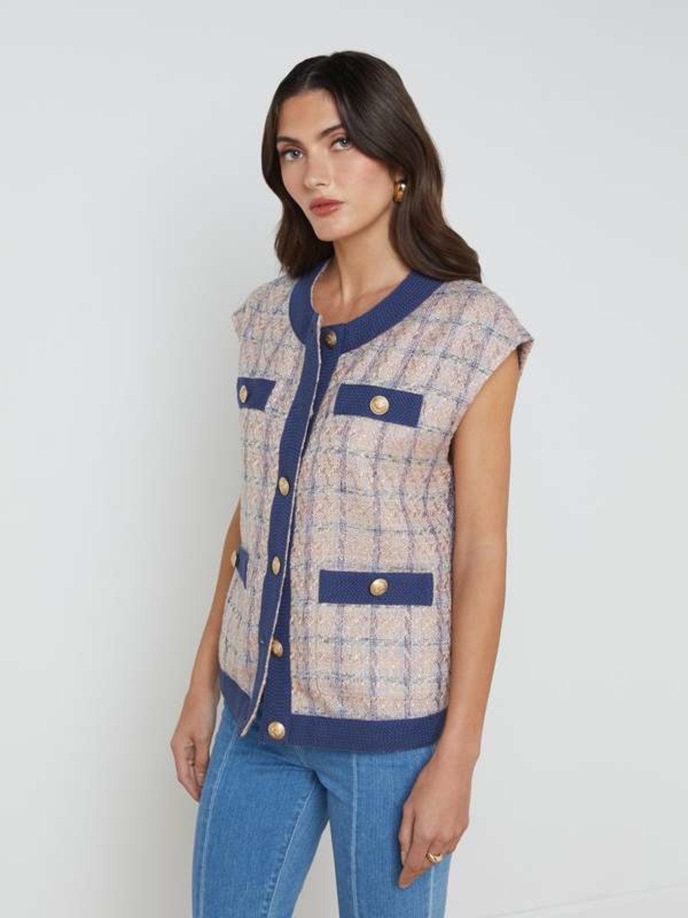 L'Agence Laurel Oversized Vest in Tan/Dusty Pink/Blue Old Money Size Small